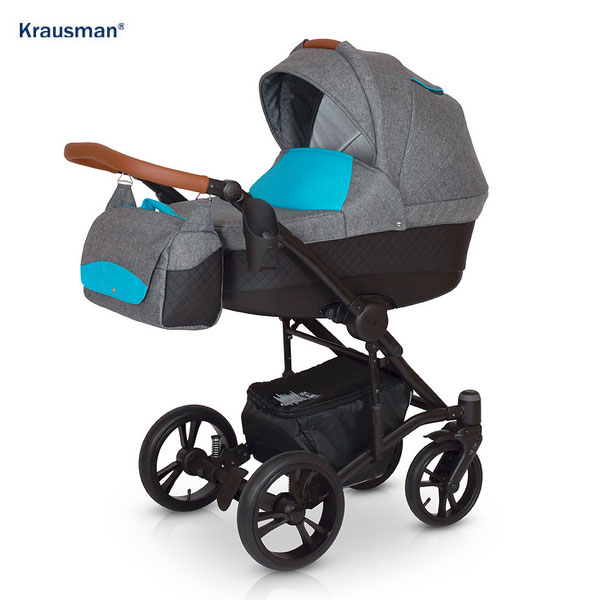 Krausman Kinderwagen 3 in 1 Tripp Grey Turqoise Kombikinderwagen Babyschale Babywanne Sportwagen Design Made In Germany