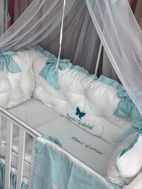 PEPPIbambini ROYAL White Mint Denis Baby-Bettwaren, 11-teilig, Bettwäsche, 100% Baumwolle mit Stickerei + Moskitonetz – Image 4